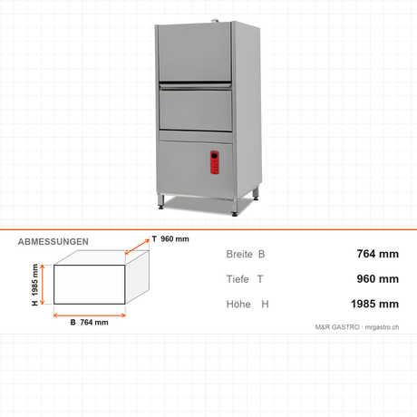 Topfspülmaschine, 30 Körbe/Stunde, 80 L Tank, 3 Programme, 27 kW, 764×960×1985 mm – Abmessungen