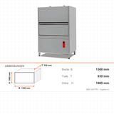 Topfspülmaschine, 30 Körbe/Stunde, 130 L Tank, 3 Programme, 35 kW, 1360×930×1985 mm – Abmessungen