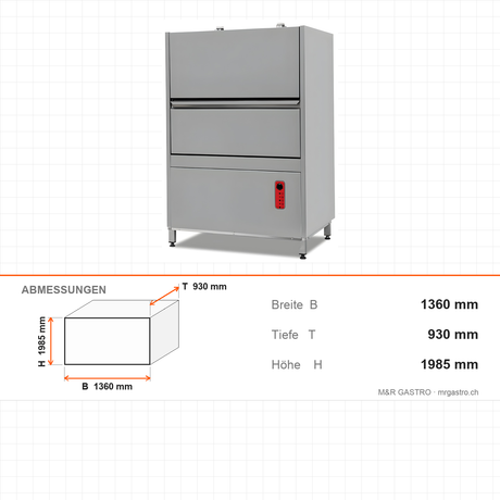 Topfspülmaschine, 30 Körbe/Stunde, 130 L Tank, 3 Programme, 35 kW, 1360×930×1985 mm – Abmessungen