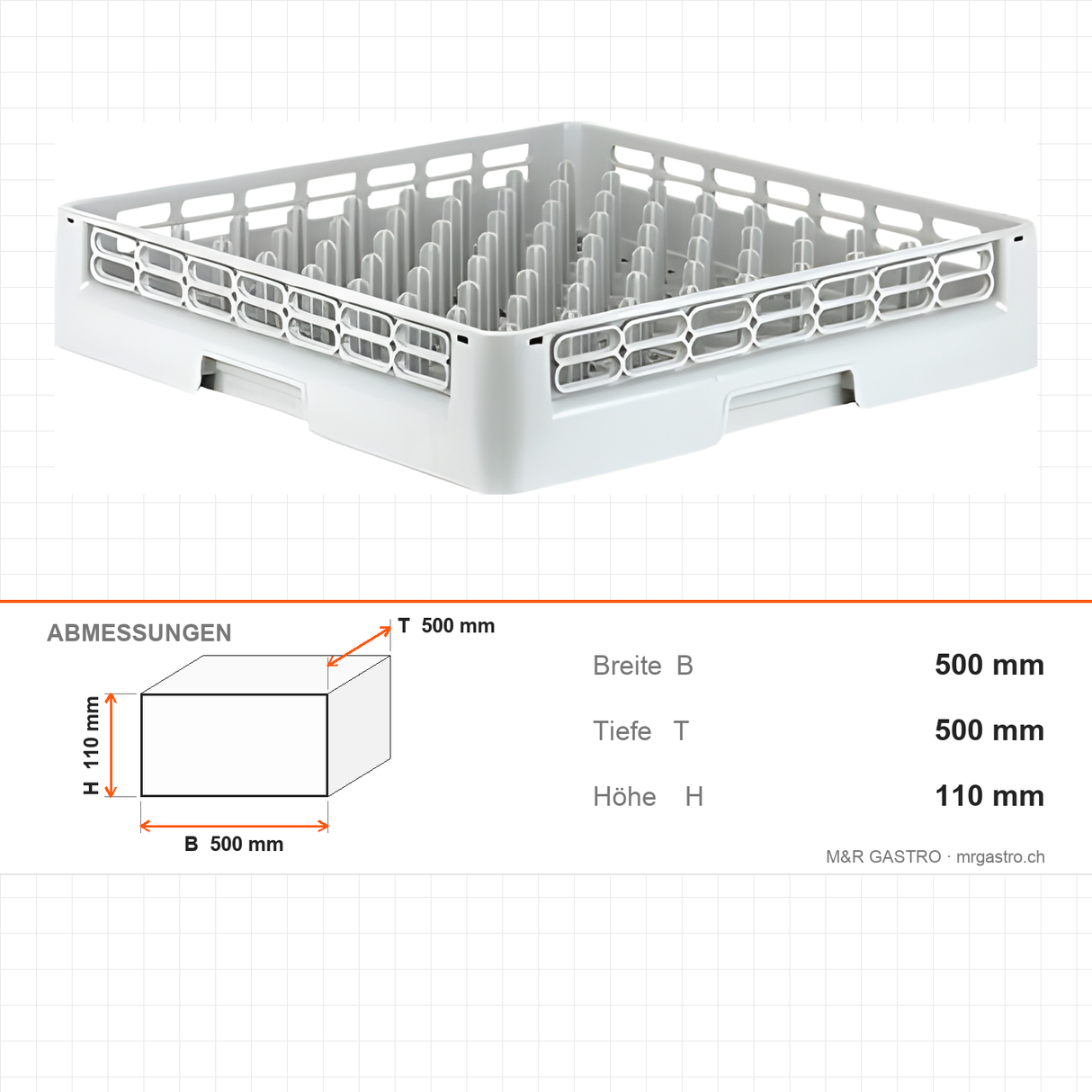 Geschirrkorb für Spülmaschinen, 500×500×110 mm, 1,6 kg – Abmessungen