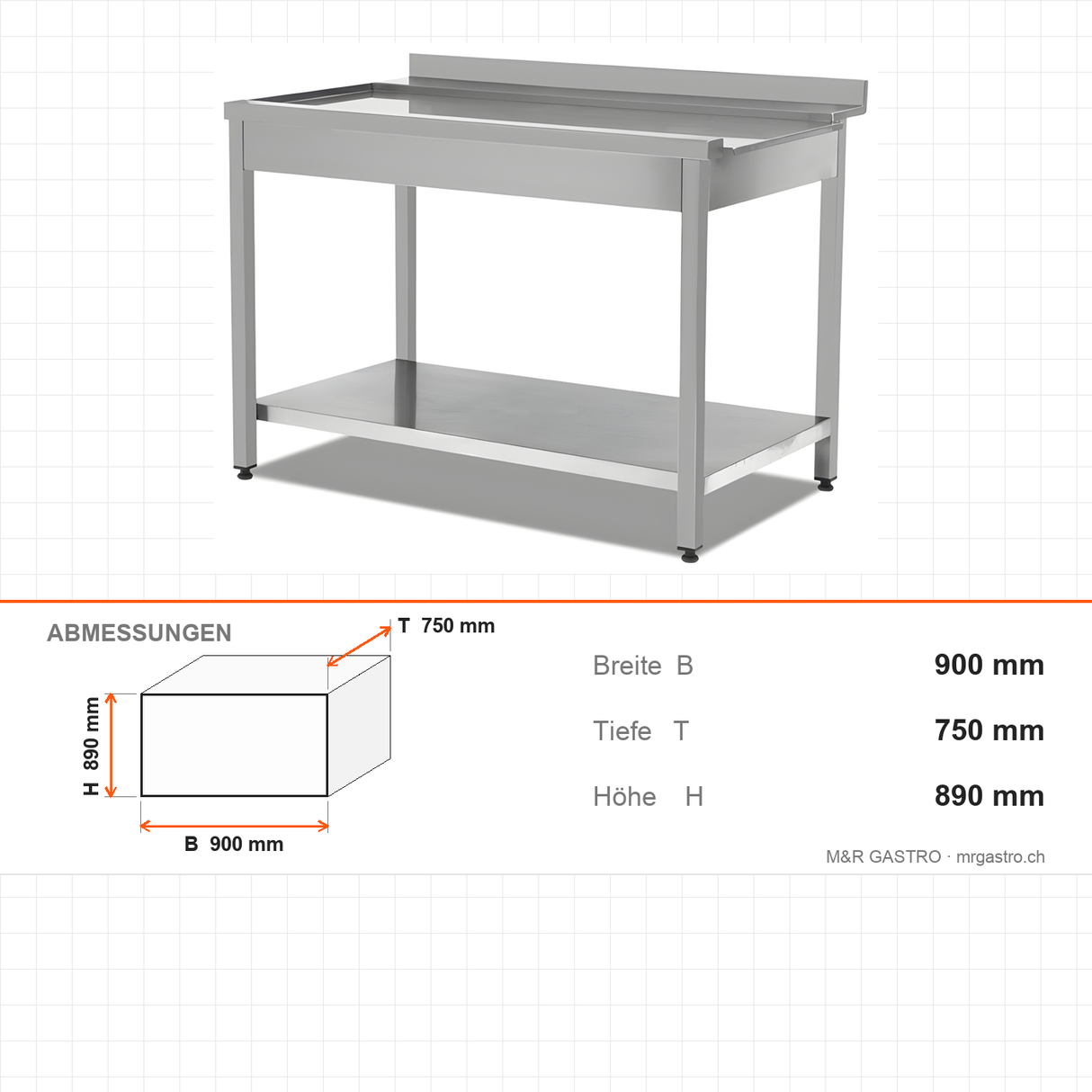 Ausgabetisch für Geschirrspüler, mit Unterbodenregal, rechts, 0,6 m³, 900×750×890 mm – Abmessungen