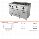 Gasherd 3-flammig mit Backofen, 36,5 kW, 2x GN 2/1, 1200×635×850 mm, Edelstahl, Snack-Line – Abmessungen