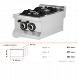 Gasherd 2 Brenner, 7,1 kW, Doppelringbrenner, Piezozündung, 400×635×285 mm, Edelstahl, Snack-Line – Abmessungen