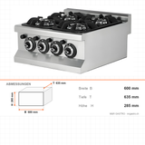 Gasherd 4 Brenner, 14,2 kW, Doppelringbrenner, Piezozündung, 600×635×285 mm, Edelstahl, Snack-Line – Abmessungen