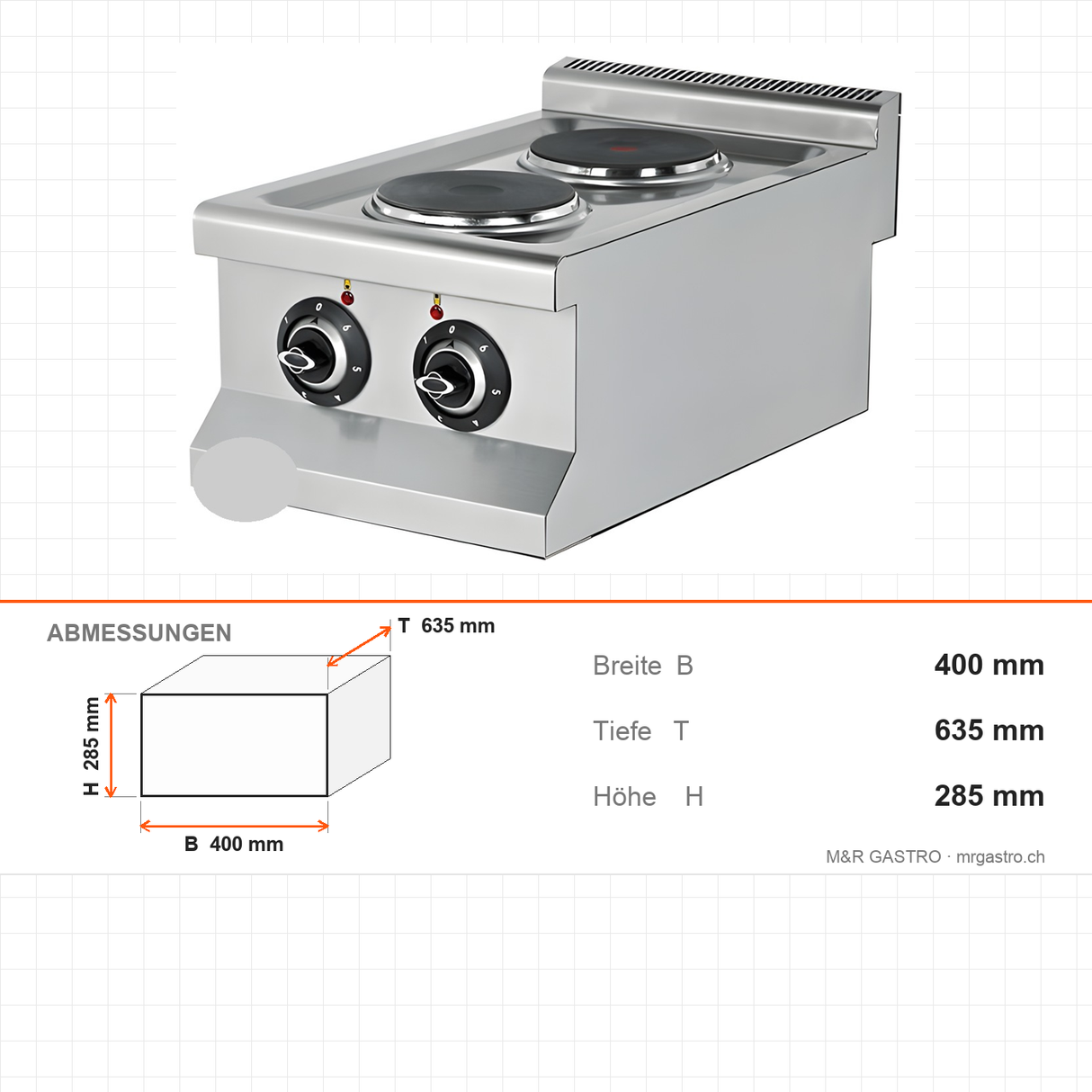 Elektroherd 2 Kochplatten, 3,5 kW, 230V, 400×635×285 mm, Edelstahl, Snack-Line – Abmessungen