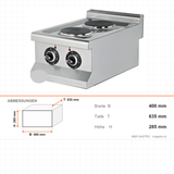 Elektroherd 2 Kochplatten, 3,5 kW, 230V, 400×635×285 mm, Edelstahl, Snack-Line – Abmessungen