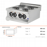Elektroherd 4 Kochplatten, 7 kW, 400V, 600×635×285 mm, Edelstahl, Snack-Line – Abmessungen