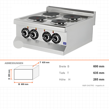 Elektroherd 4 Kochplatten, 7 kW, 400V, 600×635×285 mm, Edelstahl, Snack-Line – Abmessungen