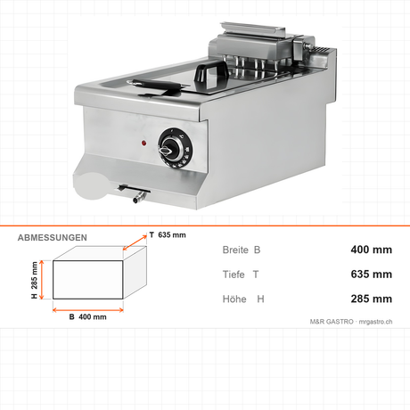 Elektro-Fritteuse, 10 Liter, 7,2 kW, 400V, 400×635×285 mm, Edelstahl, Snack-Line – Abmessungen