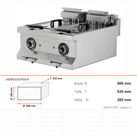Elektro-Fritteuse, 2x 10 Liter, 14,4 kW, 400V, 600×635×285 mm, Edelstahl, Snack-Line – Abmessungen