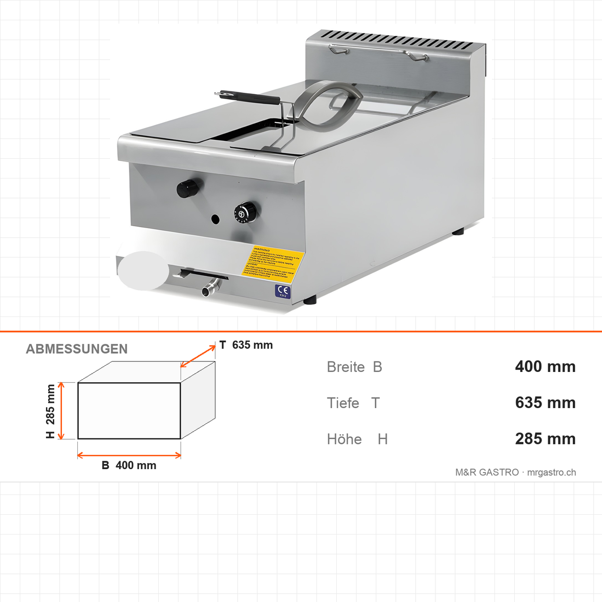 Gasfritteuse, 10 Liter, 4,34 kW, 400×635×285 mm, Edelstahl, Snack-Line – Abmessungen