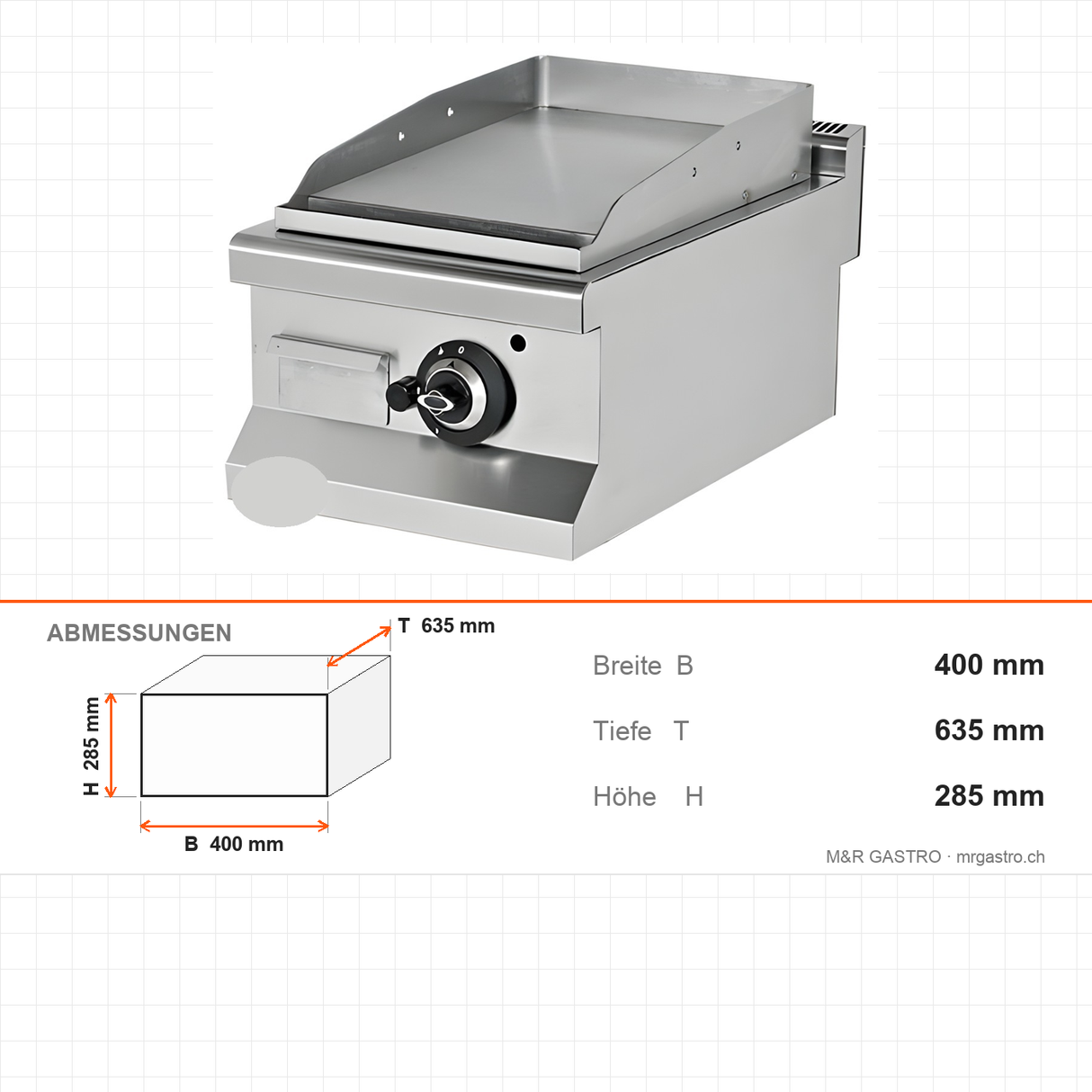 Gas-Grillplatte glatt, 6,5 kW, 2 Heizzonen, 400×635×285 mm, Edelstahl, Snack-Line – Abmessungen