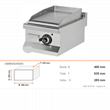 Gas-Grillplatte glatt, 6,5 kW, 2 Heizzonen, 400×635×285 mm, Edelstahl, Snack-Line – Abmessungen