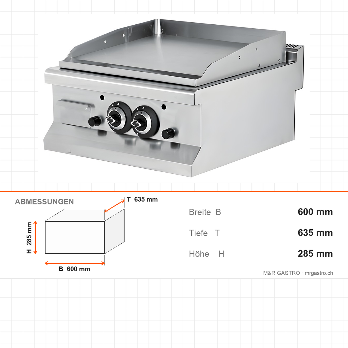Gas-Grillplatte glatt/gerillt, 13 kW, 2 Heizzonen, 600×635×285 mm, Edelstahl, Snack-Line – Abmessungen