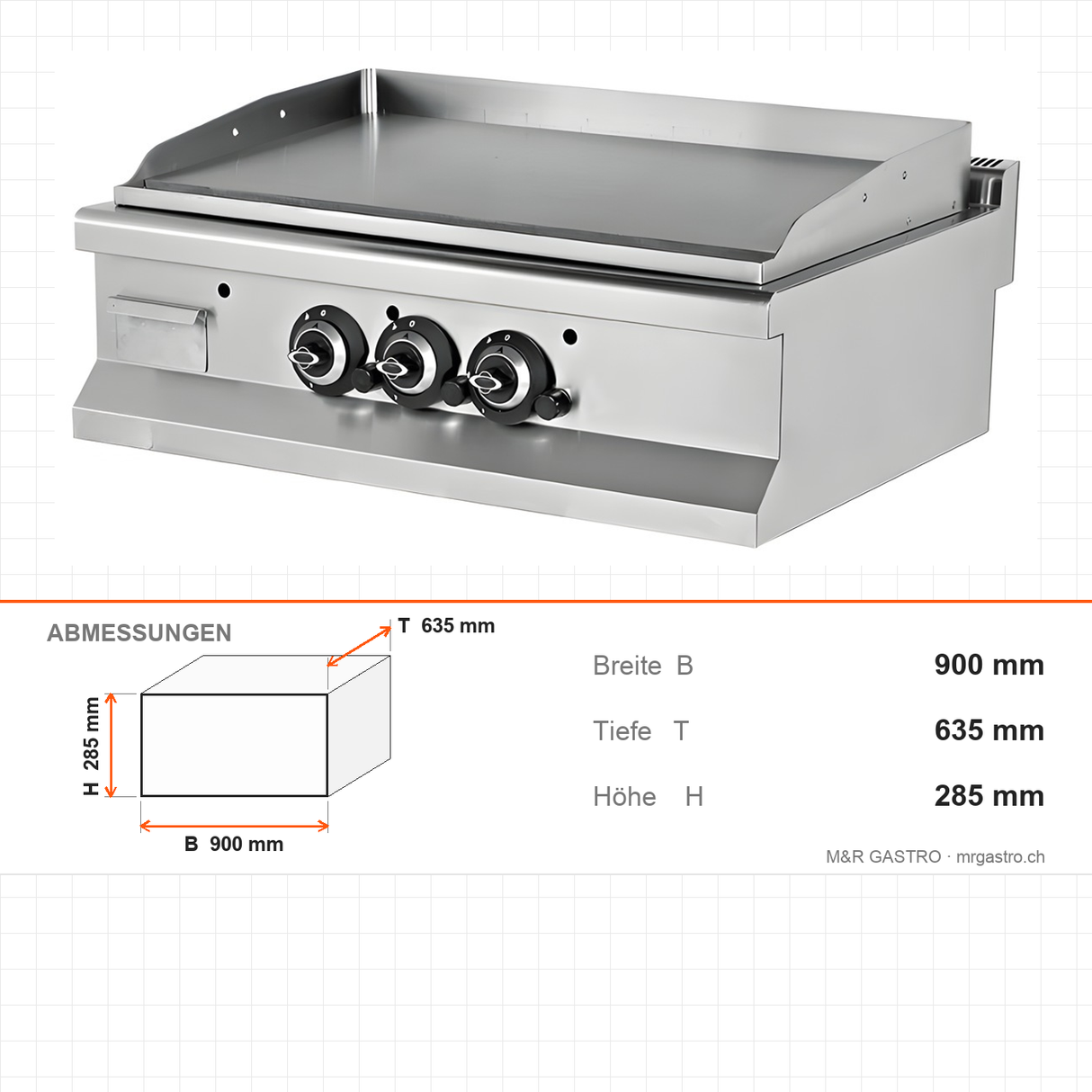 Gas-Grillplatte gerillt, 19,5 kW, 2 Heizzonen, 900×635×285 mm, Edelstahl, Snack-Line – Abmessungen