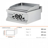 Gas-Grillplatte glatt/gerillt, verchromt, 13 kW, 2 Heizzonen, 600×635×285 mm, Edelstahl, Snack-Line – Abmessungen