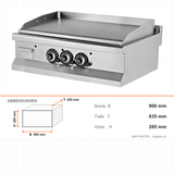 Gas-Grillplatte gerillt, verchromt, 19,5 kW, 2 Heizzonen, 900×635×285 mm, Edelstahl, Snack-Line – Abmessungen