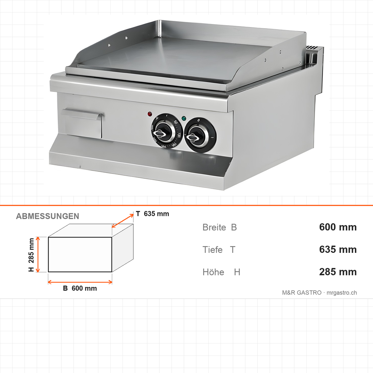 Elektro-Grillplatte glatt, 7,2 kW, 2 Heizzonen, 600×635×285 mm, Edelstahl, Snack-Line – Abmessungen