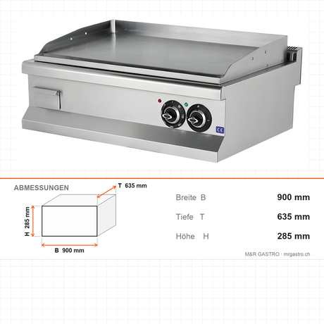 Elektro-Grillplatte glatt/gerillt, 10,8 kW, 2 Heizzonen, 900×635×285 mm, Edelstahl, Snack-Line – Abmessungen