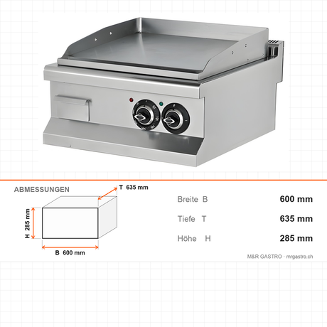 Elektro-Grillplatte gerillt, verchromt, 7,2 kW, 2 Heizzonen, 600×635×285 mm, Edelstahl, Snack-Line – Abmessungen
