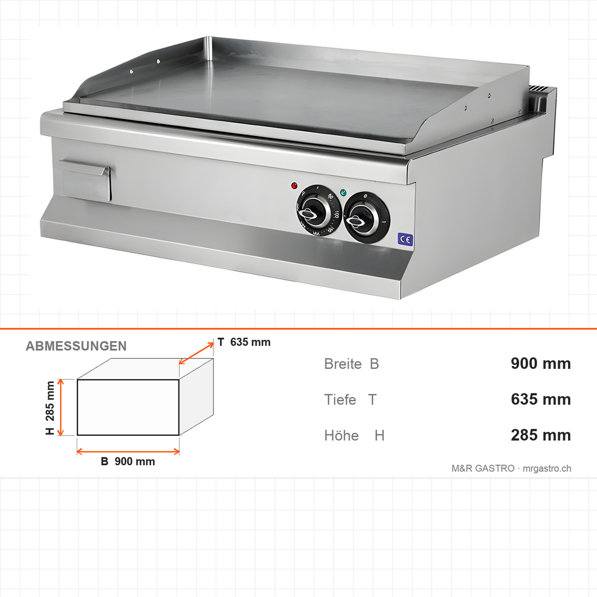 Elektro-Grillplatte glatt, verchromt, 10,8 kW, 2 Heizzonen, 900×635×285 mm, Edelstahl, Snack-Line – Abmessungen