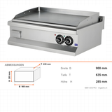 Elektro-Grillplatte gerillt, verchromt, 10,8 kW, 2 Heizzonen, 900×635×285 mm, Edelstahl, Snack-Line – Abmessungen