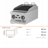 Gas-Grillplatte Gusseisen, 5,2 kW, 2 Heizzonen, 400×730×285 mm, Edelstahl, Snack-Line – Abmessungen