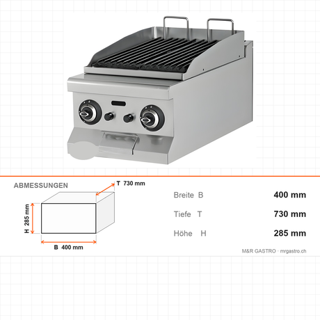 Gas-Grillplatte Gusseisen, 5,2 kW, 2 Heizzonen, 400×730×285 mm, Edelstahl, Snack-Line – Abmessungen