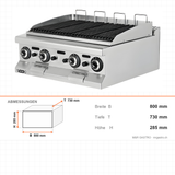 Gas-Grillplatte Gusseisen, 10,4 kW, 2 Heizzonen, 800×730×285 mm, Edelstahl, Snack-Line – Abmessungen