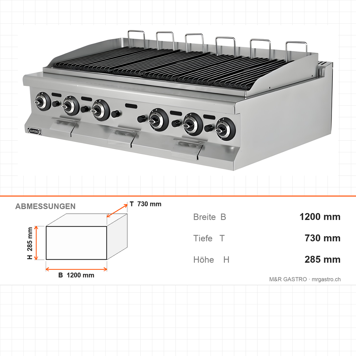 Gas-Grillplatte Gusseisen, 15,6 kW, 2 Heizzonen, 1200×730×285 mm, Edelstahl, Snack-Line – Abmessungen
