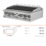 Gas-Grillplatte Gusseisen, 15,6 kW, 2 Heizzonen, 1200×730×285 mm, Edelstahl, Snack-Line – Abmessungen
