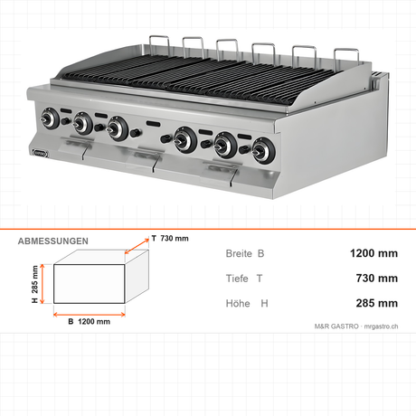 Gas-Grillplatte Gusseisen, 15,6 kW, 2 Heizzonen, 1200×730×285 mm, Edelstahl, Snack-Line – Abmessungen
