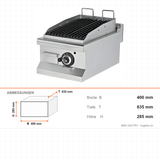 Gas-Lavasteingrill, 6,46 kW, 2 Heizzonen, 400×635×285 mm, Edelstahl, Snack-Line – Abmessungen