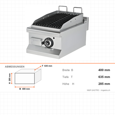 Gas-Lavasteingrill, 6,46 kW, 2 Heizzonen, 400×635×285 mm, Edelstahl, Snack-Line – Abmessungen