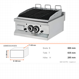 Gas-Lavasteingrill, 12,9 kW, 2 Heizzonen, 600×635×285 mm, Edelstahl, Snack-Line – Abmessungen