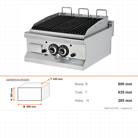 Gas-Lavasteingrill, 12,9 kW, 2 Heizzonen, 600×635×285 mm, Edelstahl, Snack-Line – Abmessungen