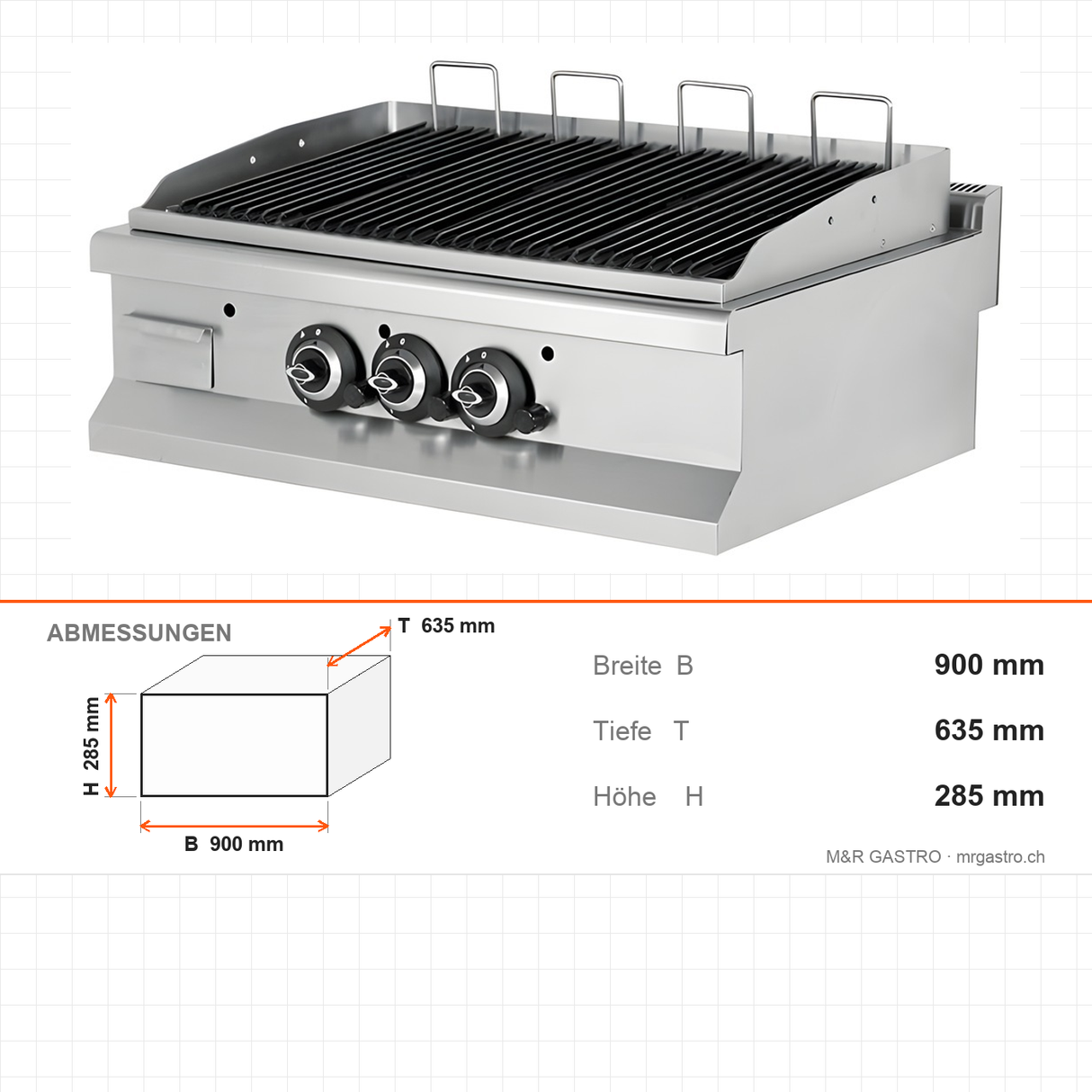 Gas-Lavasteingrill, 19,38 kW, 2 Heizzonen, 900×635×285 mm, Edelstahl, Snack-Line – Abmessungen