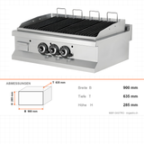 Gas-Lavasteingrill, 19,38 kW, 2 Heizzonen, 900×635×285 mm, Edelstahl, Snack-Line – Abmessungen