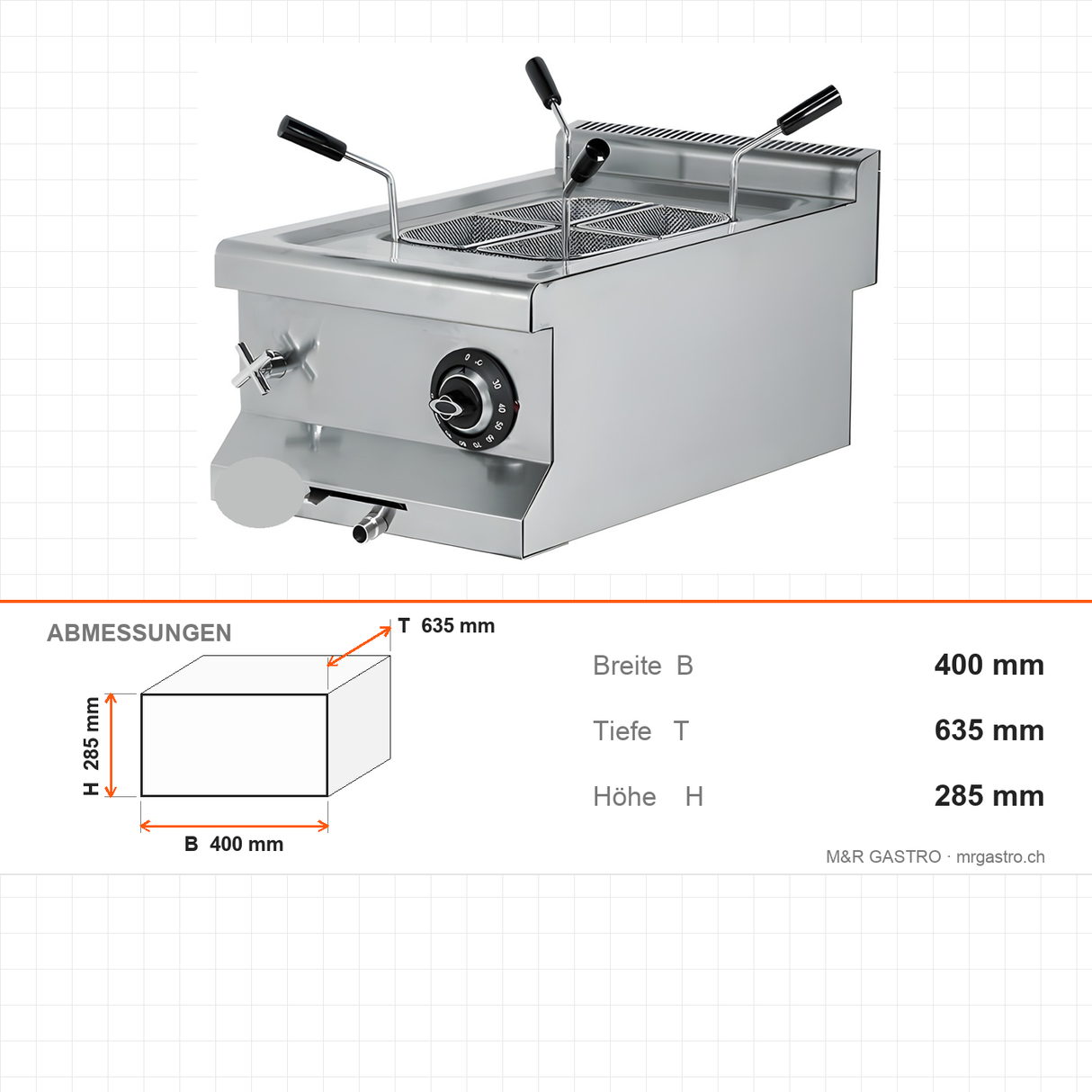Elektro-Nudelkocher, 10 Liter, 4,5 kW, 400V, 400×635×285 mm, Edelstahl, Snack-Line – Abmessungen