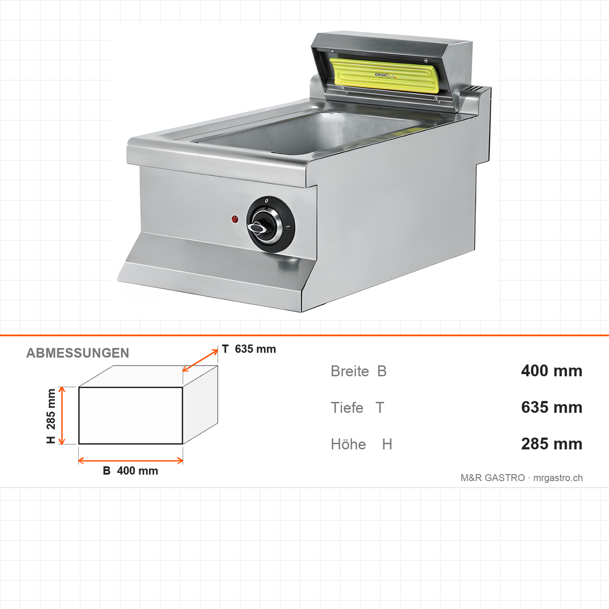 Pommes-Warmhaltegerät, 0,65 kW, 230V, Infrarot-Keramikheizung, 400×635×285 mm, Edelstahl, Snack-Line – Abmessungen
