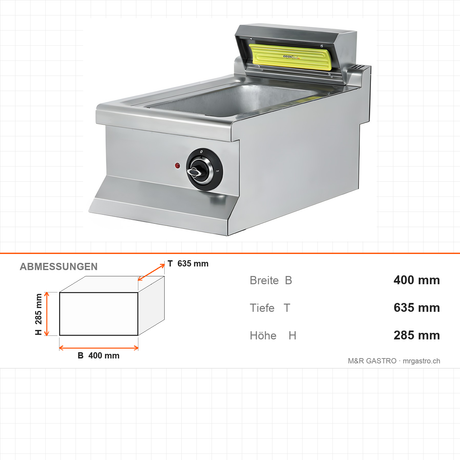 Pommes-Warmhaltegerät, 0,65 kW, 230V, Infrarot-Keramikheizung, 400×635×285 mm, Edelstahl, Snack-Line – Abmessungen