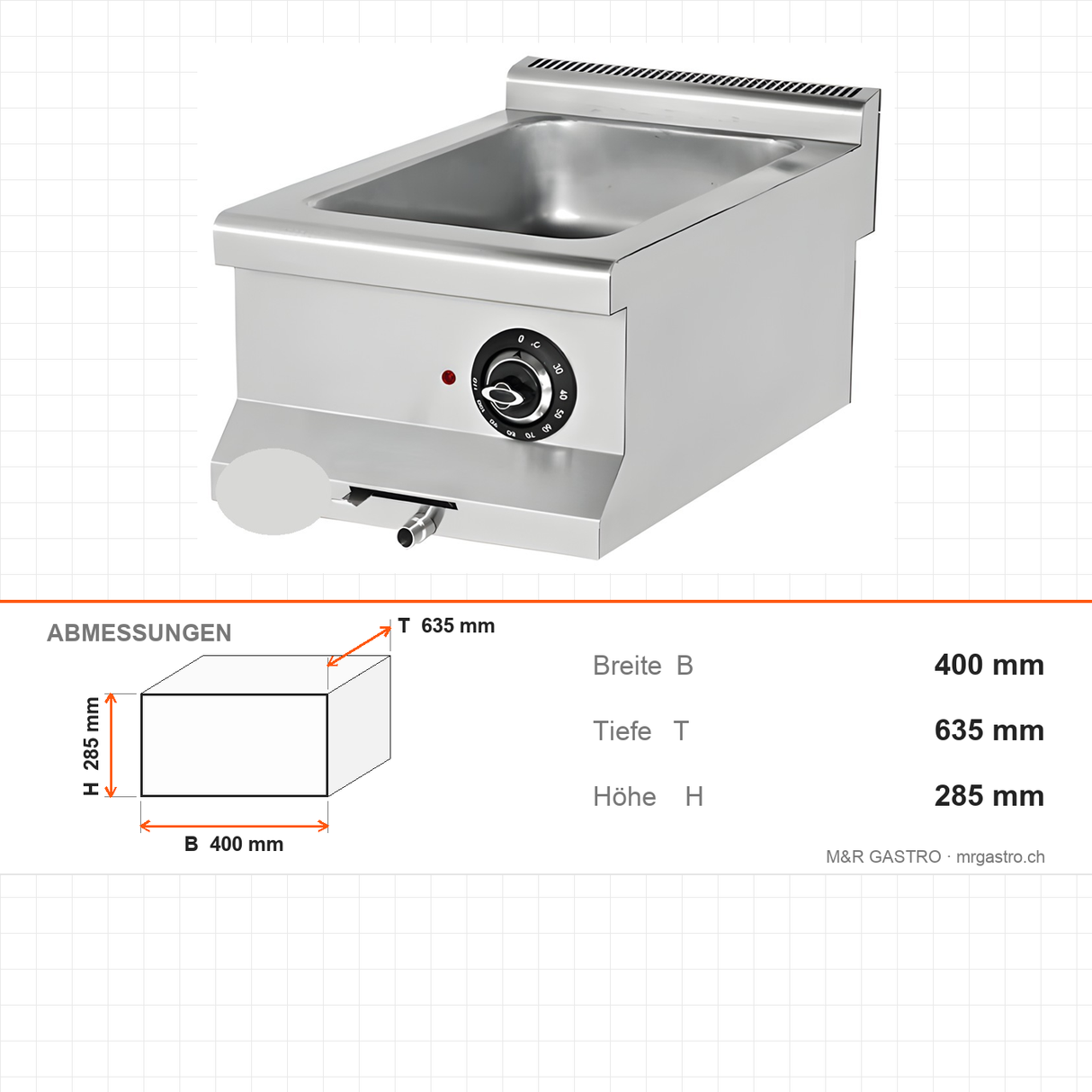 Elektro-Bain-Marie, 1,5 kW, 230V, 400×635×285 mm, Edelstahl, Snack-Line – Abmessungen