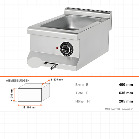 Elektro-Bain-Marie, 1,5 kW, 230V, 400×635×285 mm, Edelstahl, Snack-Line – Abmessungen