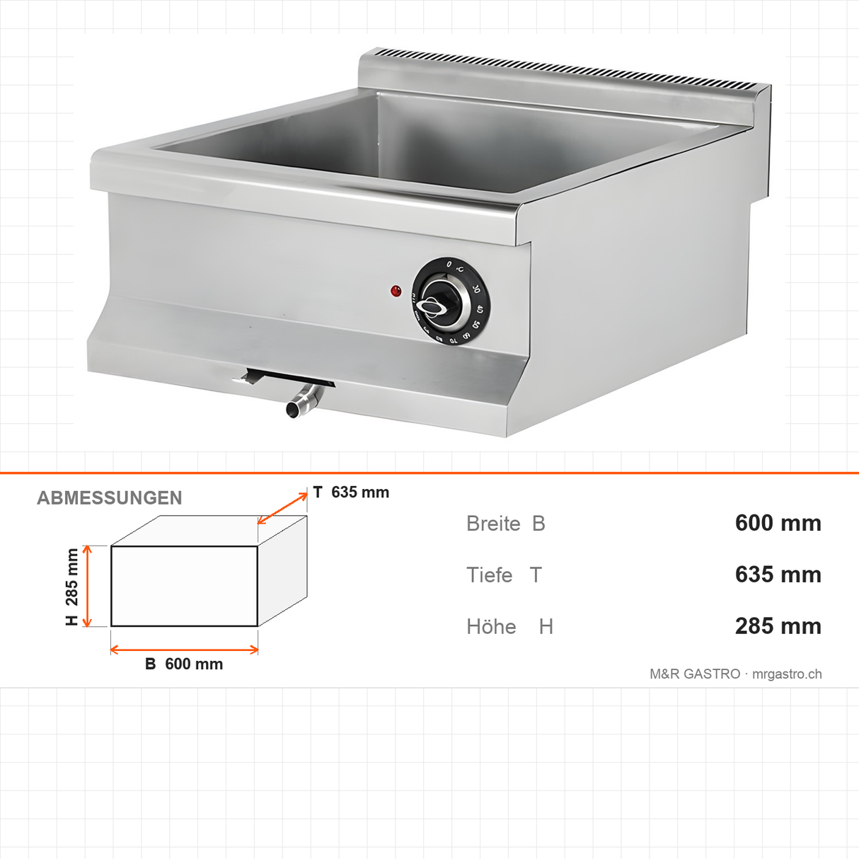 Elektro-Bain-Marie, 3 kW, 230V, 600×635×285 mm, Edelstahl, Snack-Line – Abmessungen