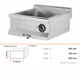 Elektro-Bain-Marie, 3 kW, 230V, 600×635×285 mm, Edelstahl, Snack-Line – Abmessungen