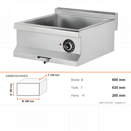 Elektro-Bain-Marie, 3 kW, 230V, 600×635×285 mm, Edelstahl, Snack-Line – Abmessungen