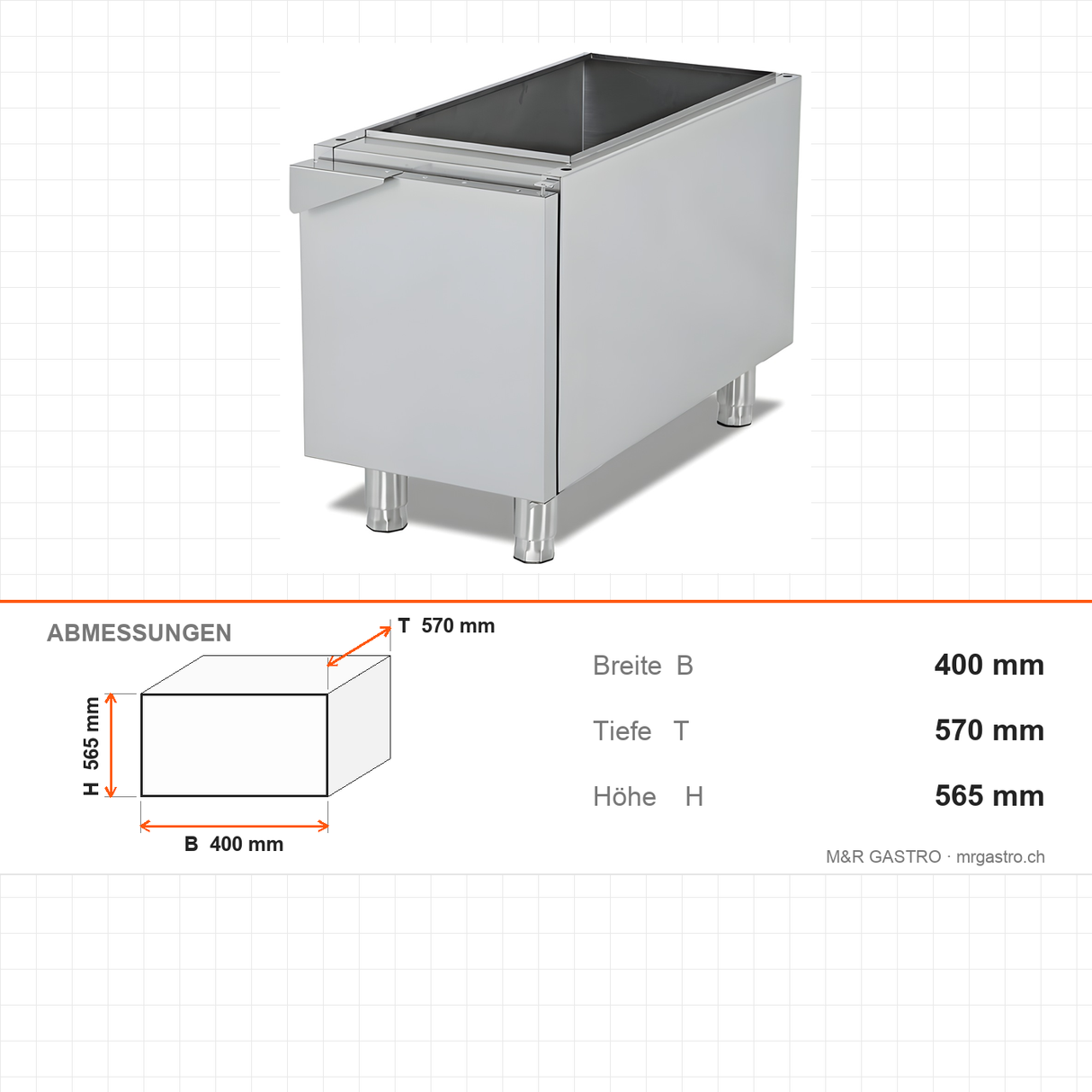 Unterschrank 1-türig, 400×570×565 mm, Edelstahl, Snack-Line – Abmessungen