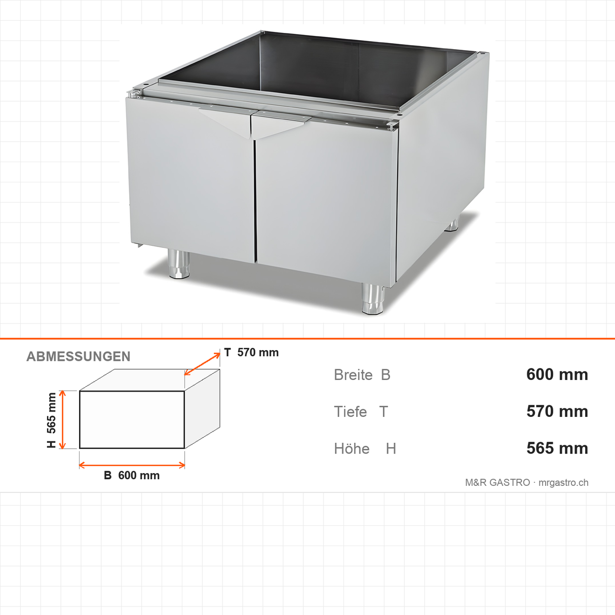 Unterschrank 2-türig, 600×570×565 mm, Edelstahl, Snack-Line – Abmessungen
