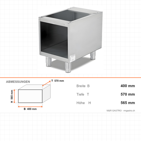 Unterschrank offen, ohne Tür, 400×570×565 mm, Edelstahl, Snack-Line – Abmessungen