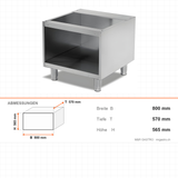 Unterschrank offen, ohne Tür, 800×570×565 mm, Edelstahl, Snack-Line – Abmessungen